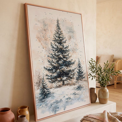 Snowy Pine Trees Winter Landscape Canvas in rose gold floating frame