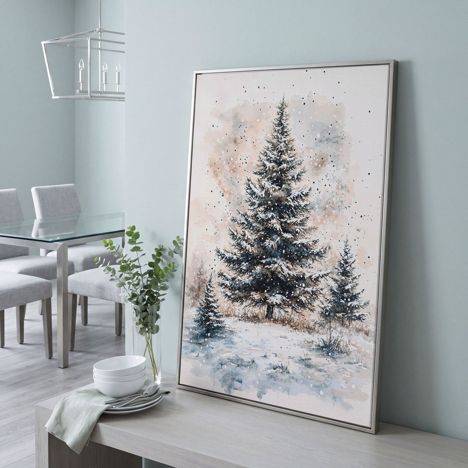 Snowy Pine Trees Winter Landscape Canvas in silver floating frame