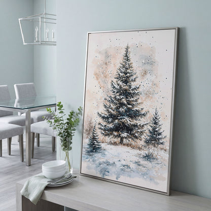 Snowy Pine Trees Winter Landscape Canvas in silver floating frame