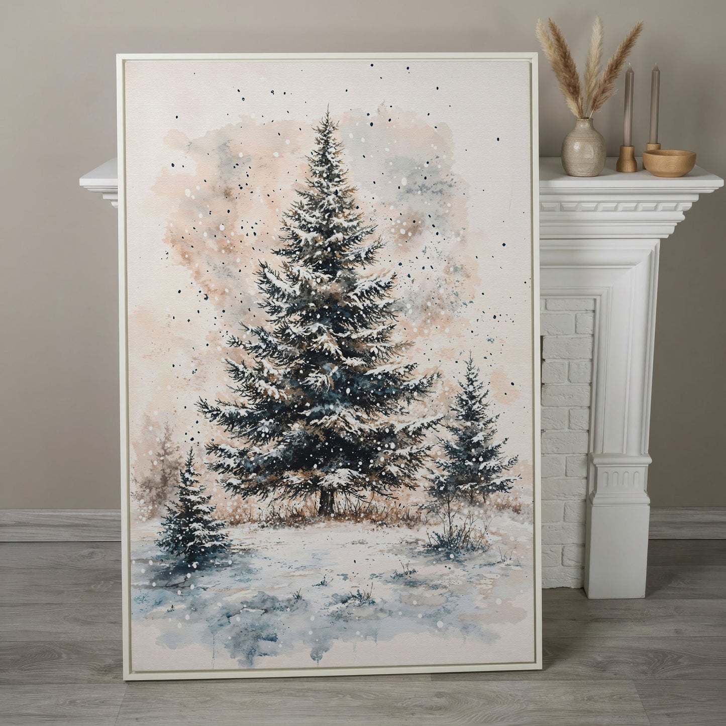 Snowy Pine Trees Winter Landscape Canvas in white floating frame