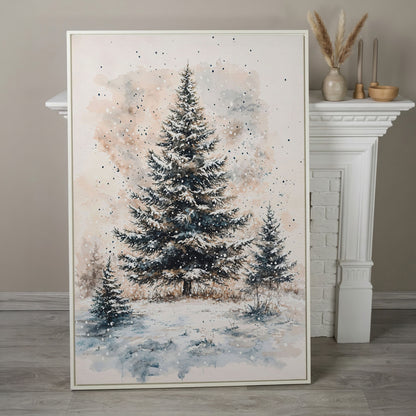 Snowy Pine Trees Winter Landscape Canvas in white floating frame