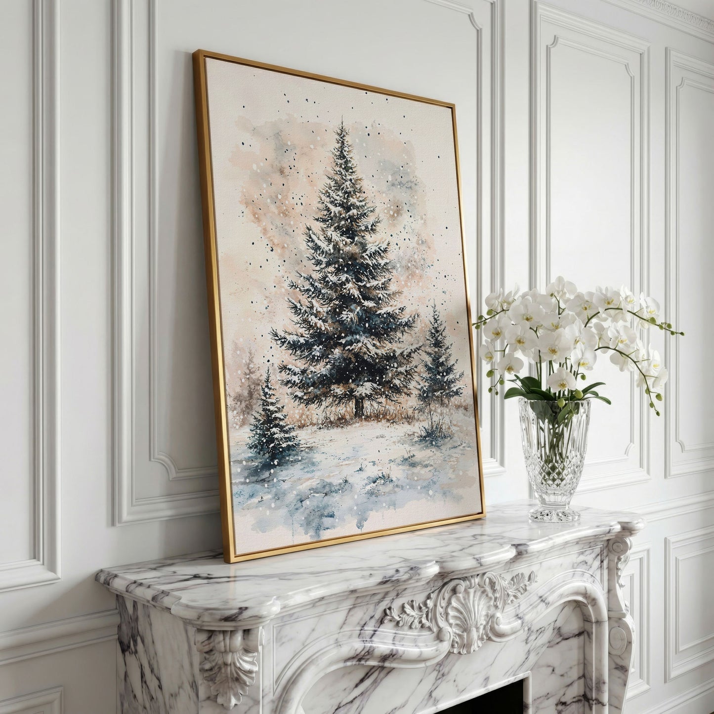 Snowy Pine Trees Winter Landscape Canvas in yellow gold floating frame