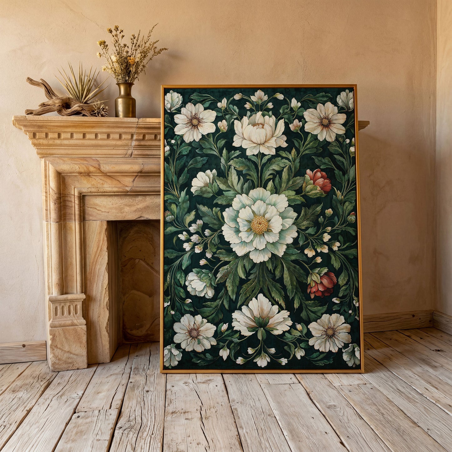 Vintage Emerald Floral Canvas in antique gold floating frame