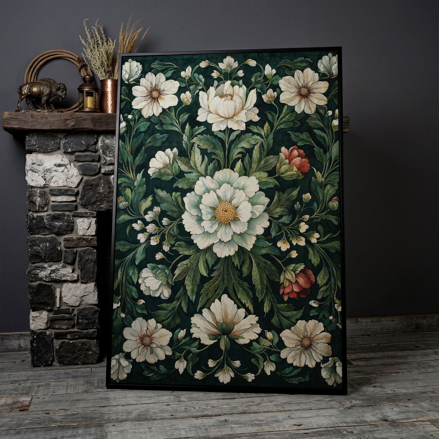 Vintage Emerald Floral Canvas in black floating frame