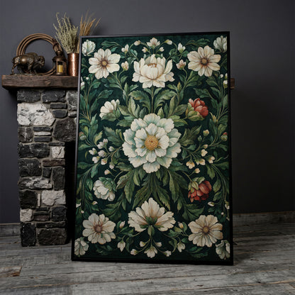 Vintage Emerald Floral Canvas in black floating frame
