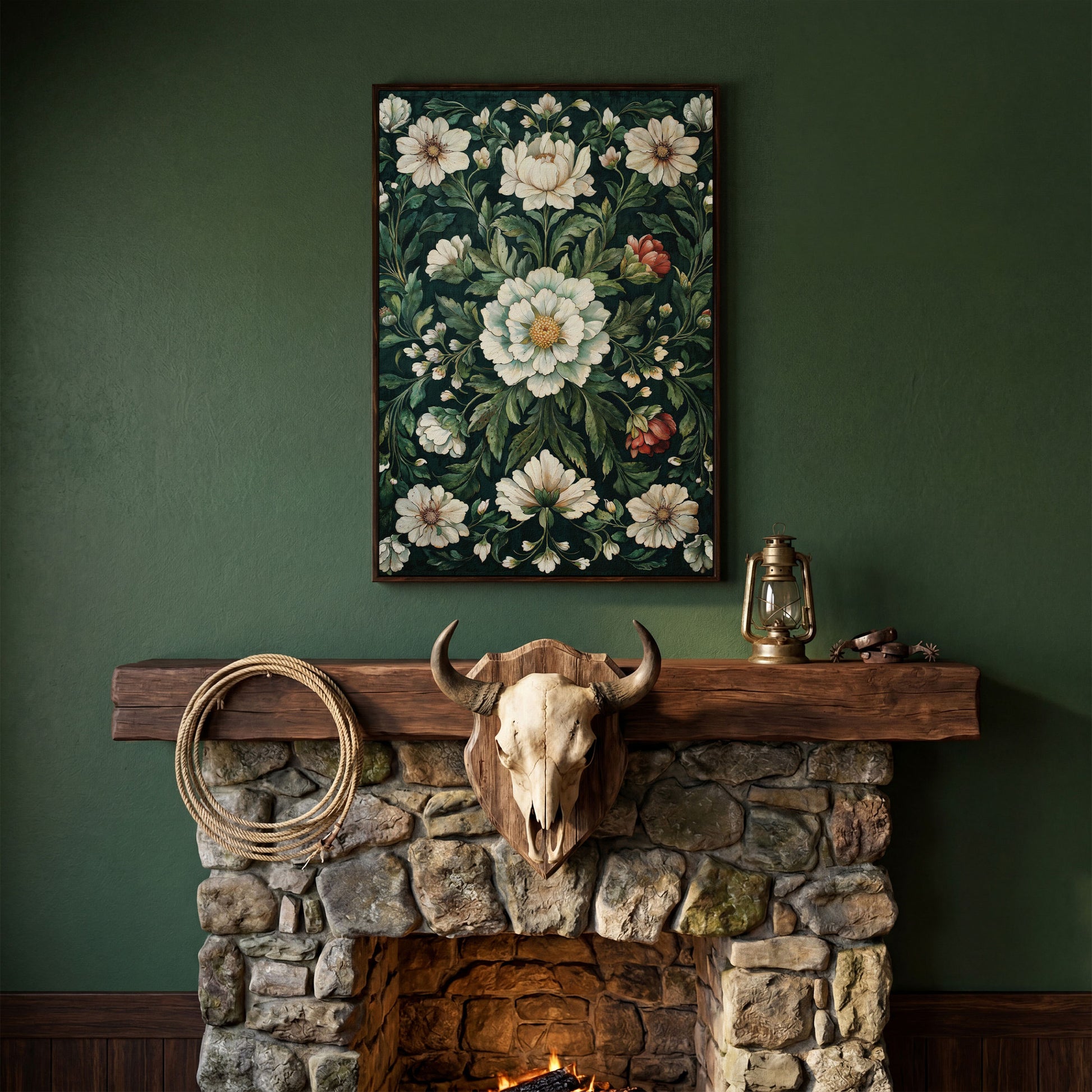 Vintage Emerald Floral Canvas in dark walnut floating frame
