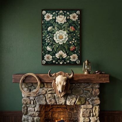 Vintage Emerald Floral Canvas in dark walnut floating frame