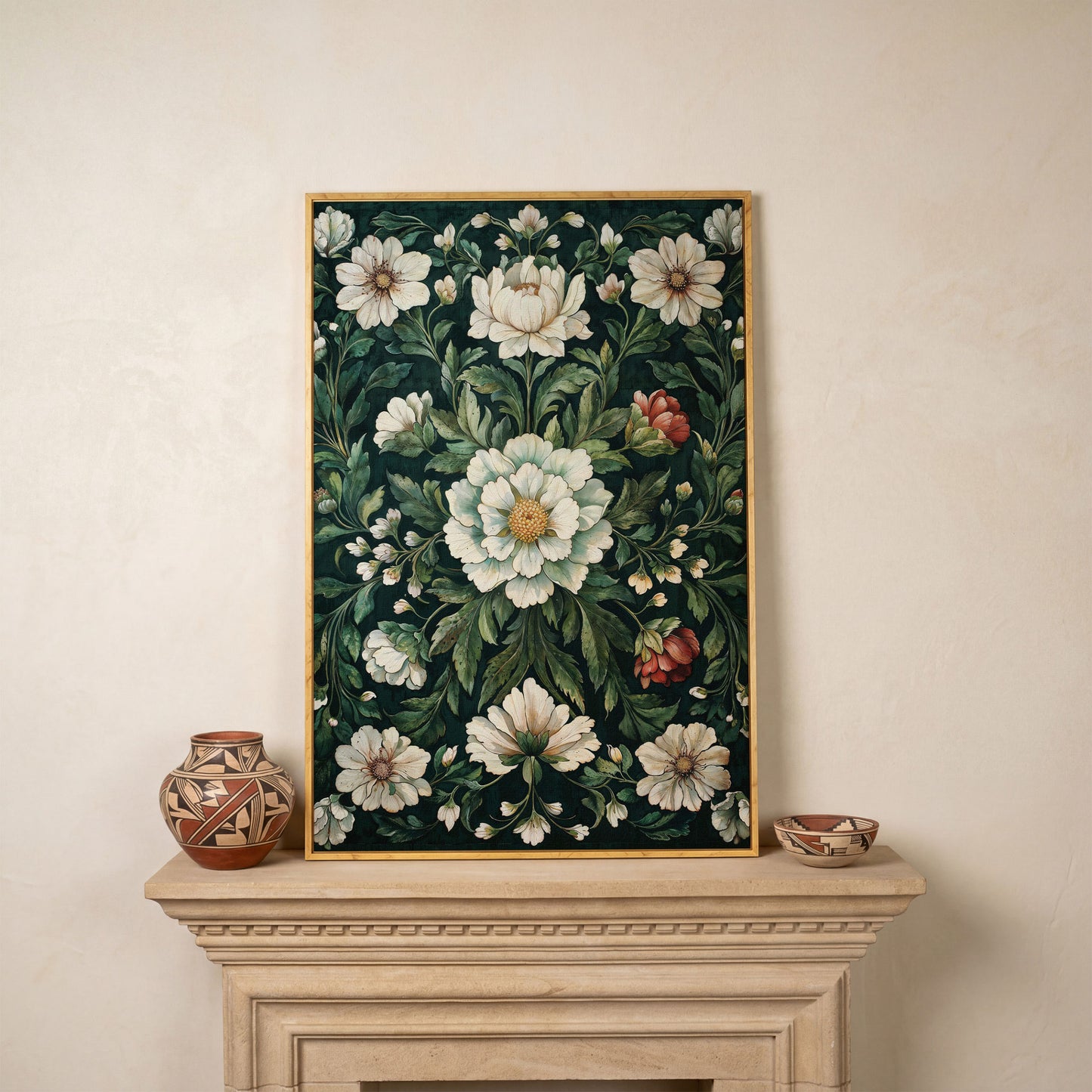 Vintage Emerald Floral Canvas in white oak floating frame