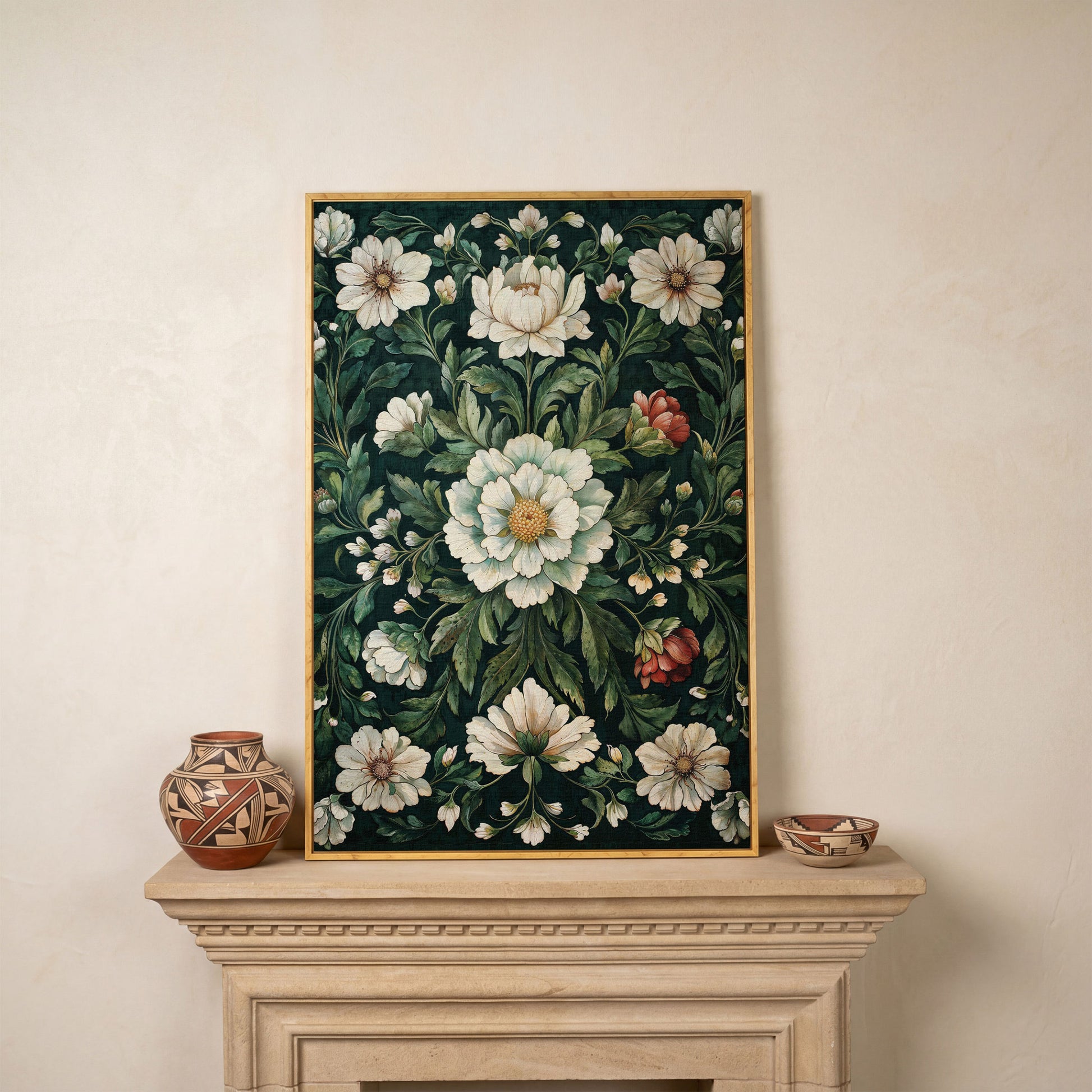 Vintage Emerald Floral Canvas in white oak floating frame