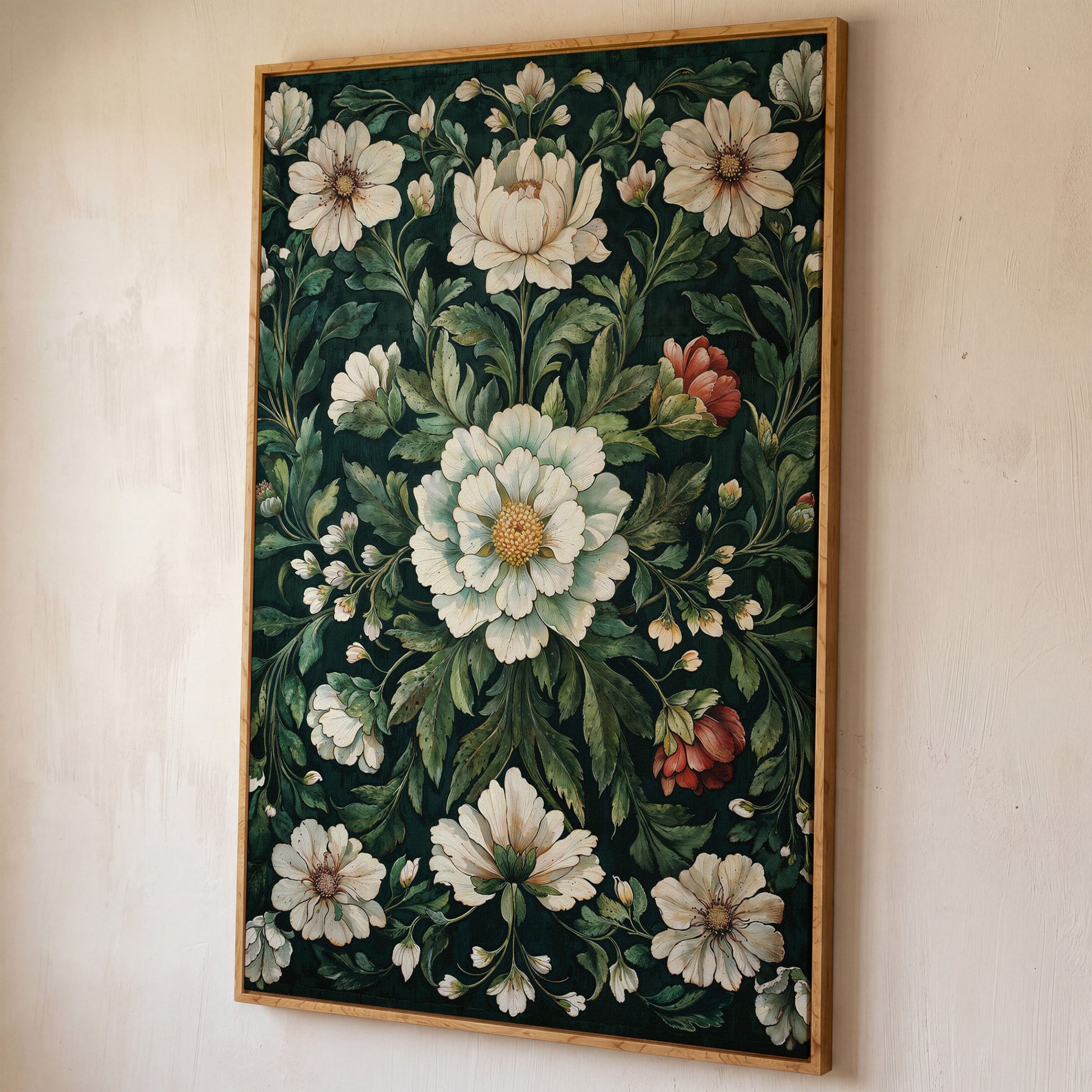 Vintage Emerald Floral Canvas shown in white oak floating frame