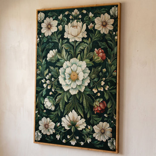 Vintage Emerald Floral Canvas shown in white oak floating frame
