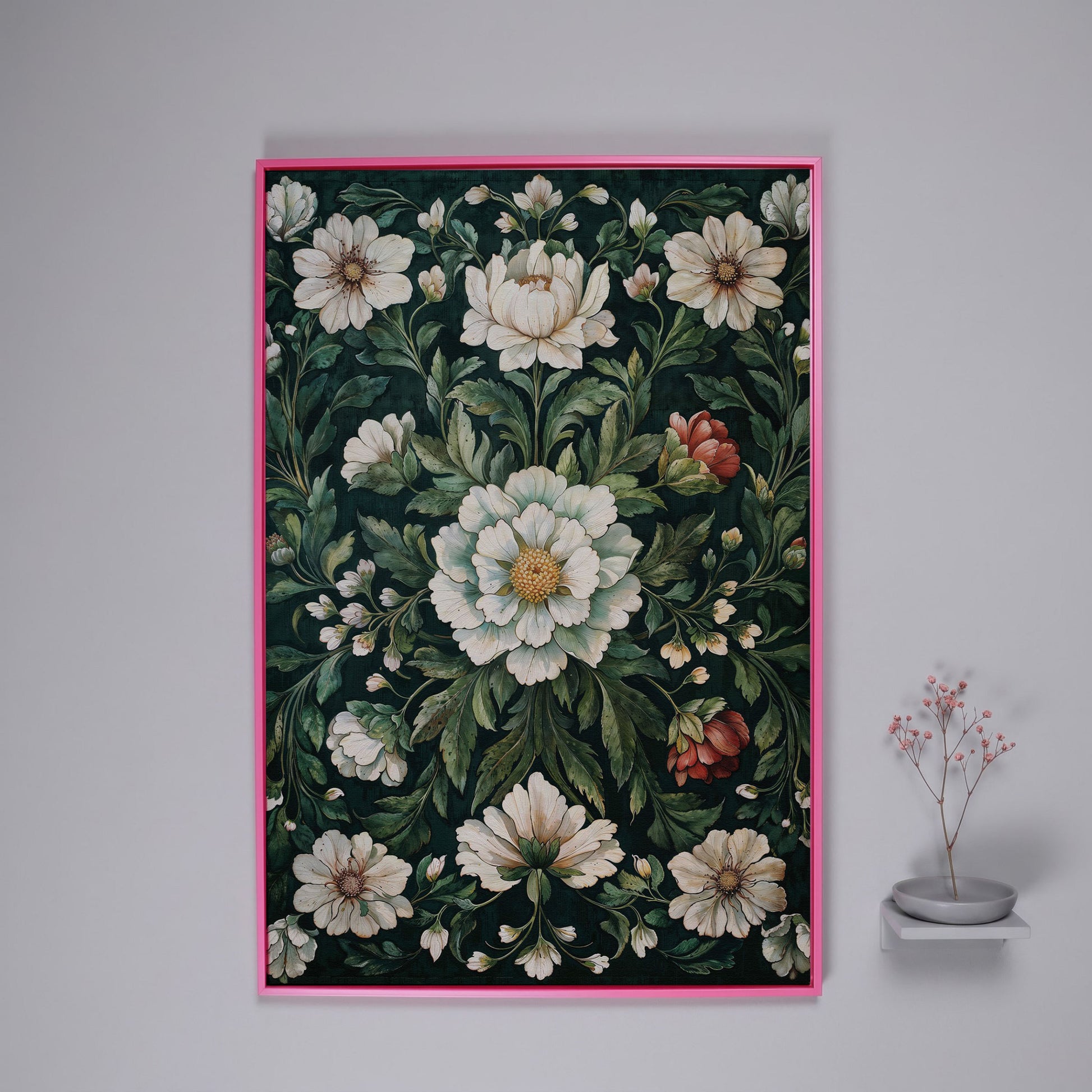 Vintage Emerald Floral Canvas in pink floating frame
