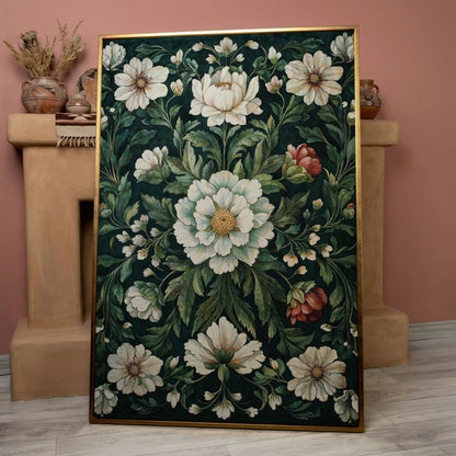 Vintage Emerald Floral Canvas in rose gold floating frame