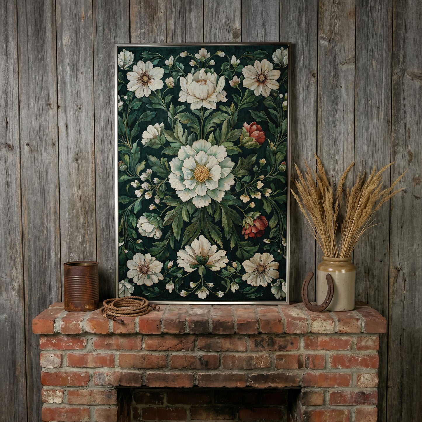 Vintage Emerald Floral Canvas in silver floating frame
