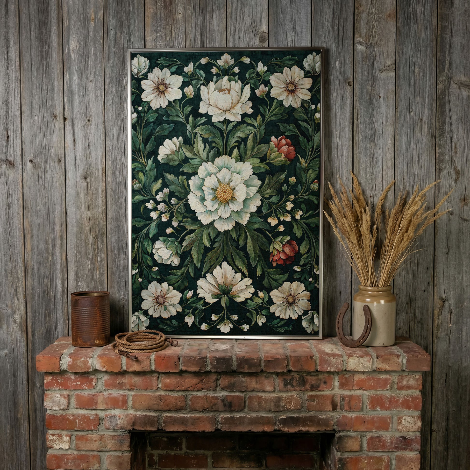 Vintage Emerald Floral Canvas in silver floating frame