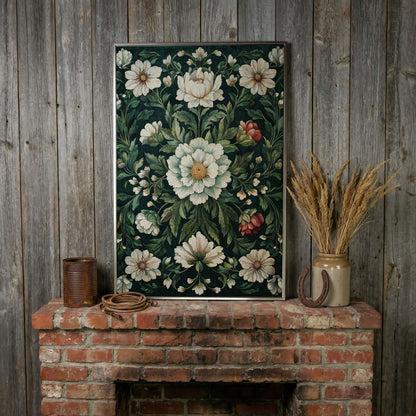 Vintage Emerald Floral Canvas in silver floating frame