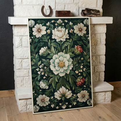 Vintage Emerald Floral Canvas in white floating frame