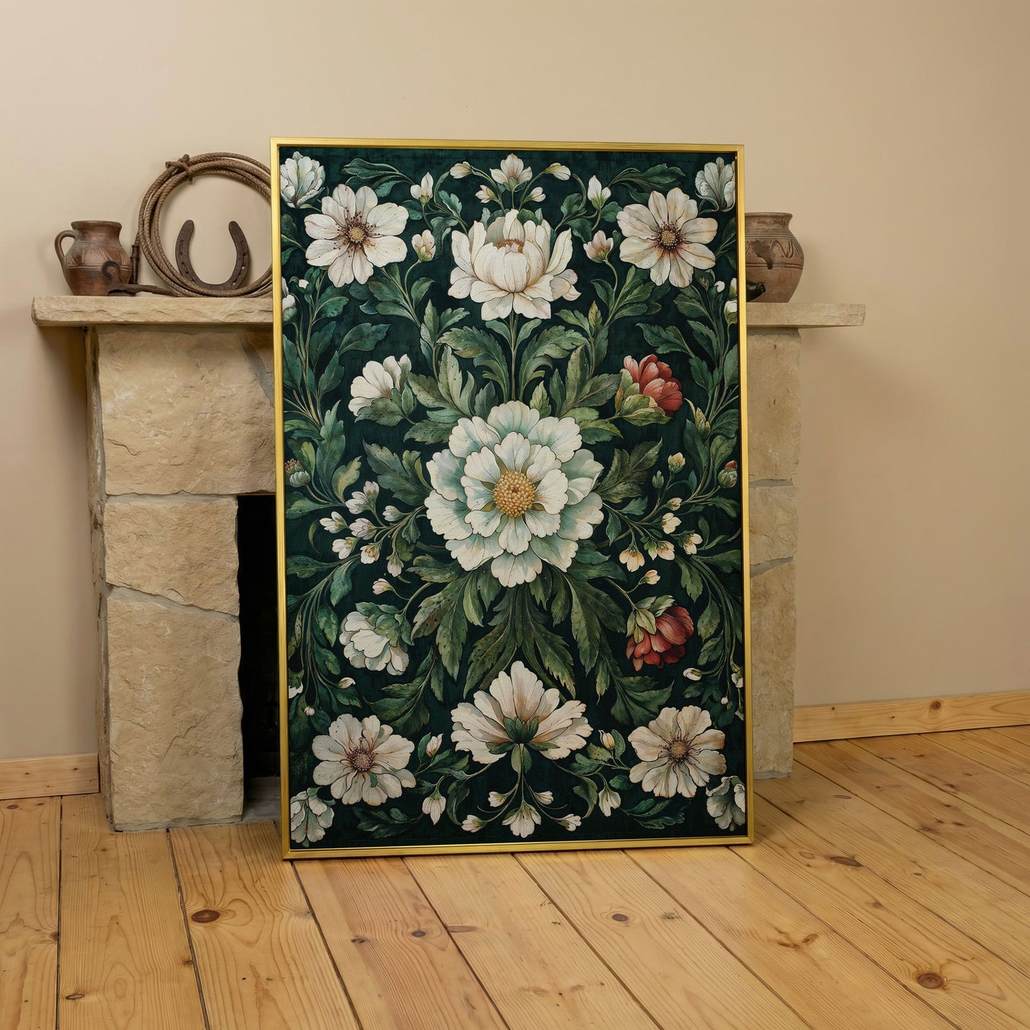 Vintage Emerald Floral Canvas in yellow gold floating frame