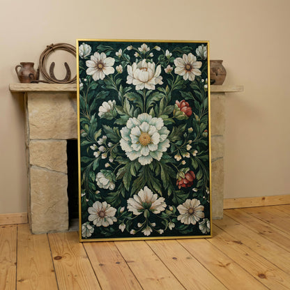 Vintage Emerald Floral Canvas in yellow gold floating frame