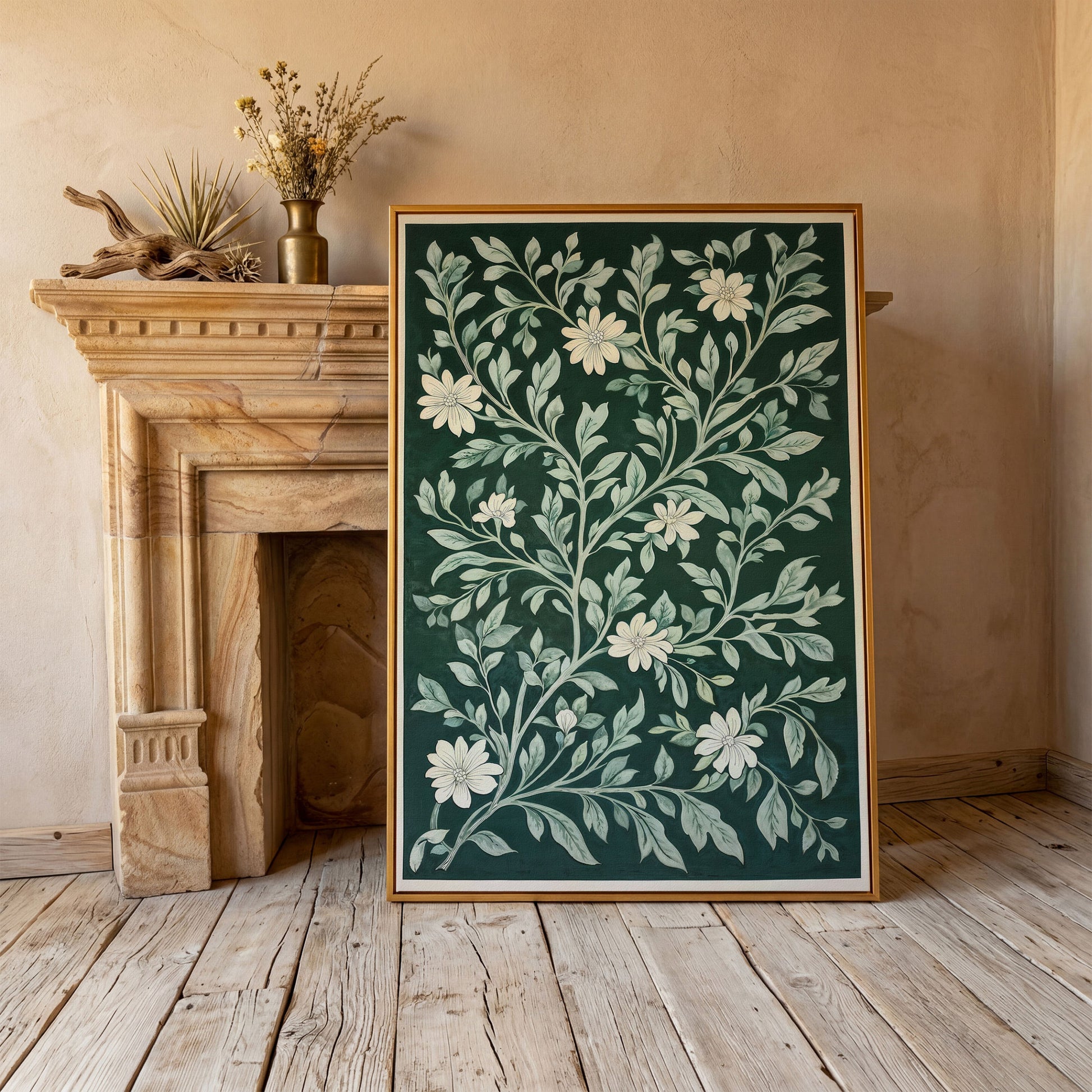 Dark Green Botanical Canvas with White Flowers in antique gold floating frame
