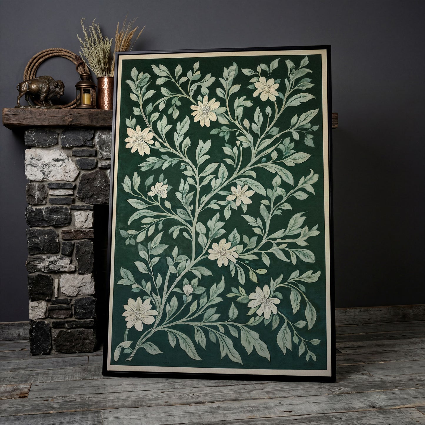 Dark Green Botanical Canvas with White Flowers in black floating frame