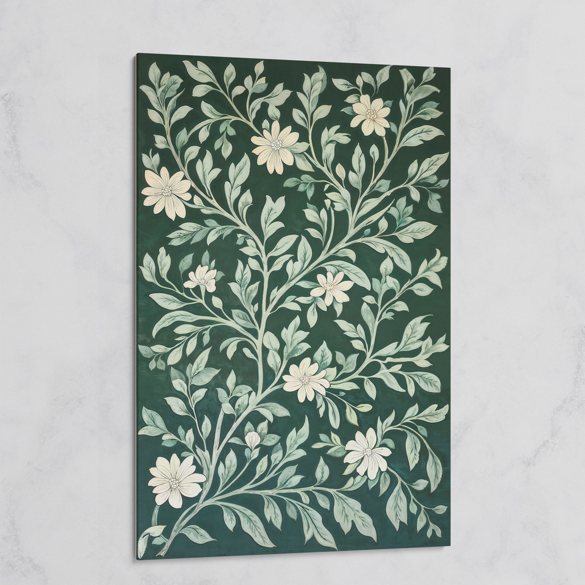 Dark Green Botanical Canvas with White Flowers on gallery wrap
