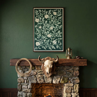 Dark Green Botanical Canvas with White Flowers in dark walnut floating frame