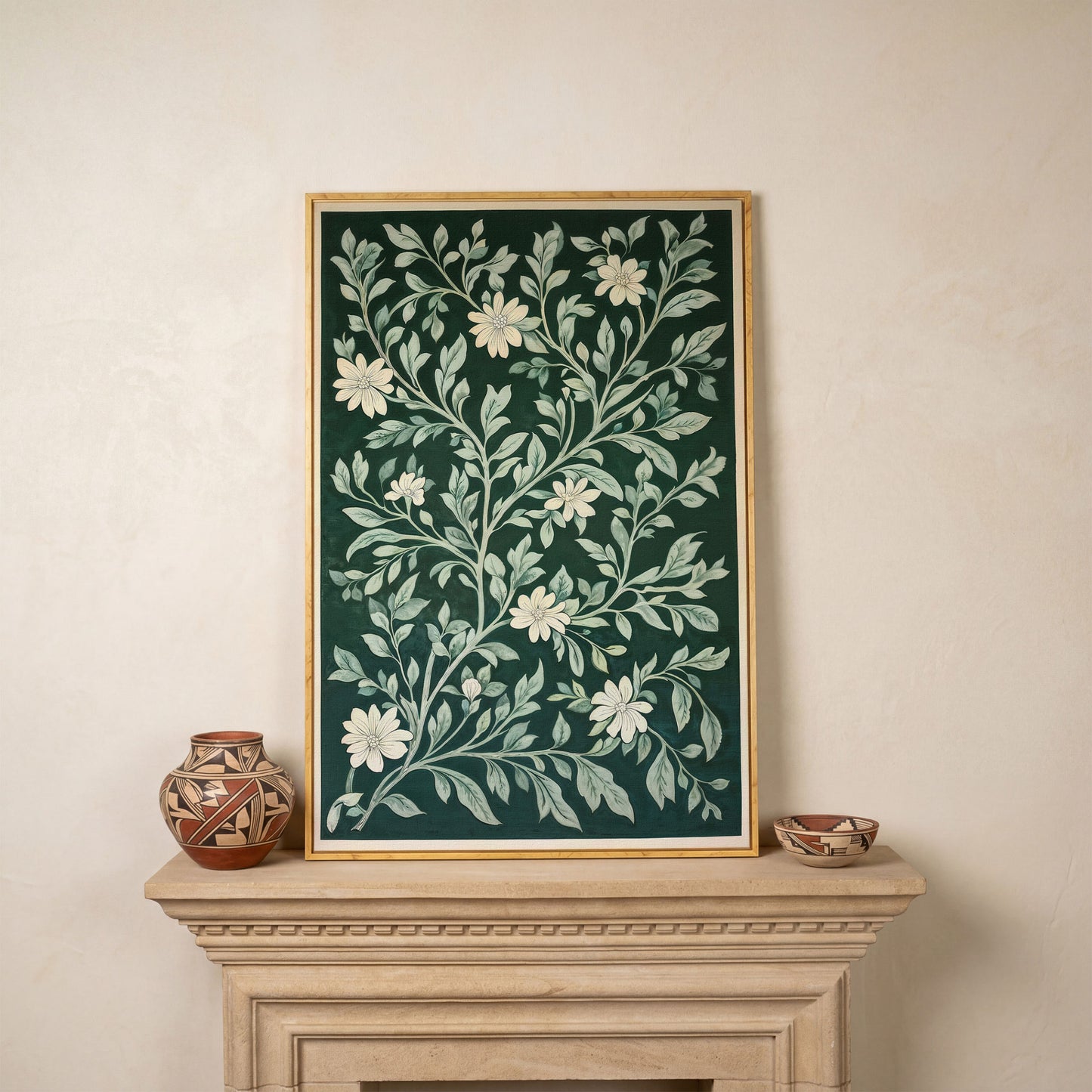 Dark Green Botanical Canvas with White Flowers in white oak floating frame