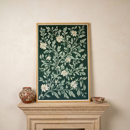 Dark Green Botanical Canvas with White Flowers in white oak floating frame