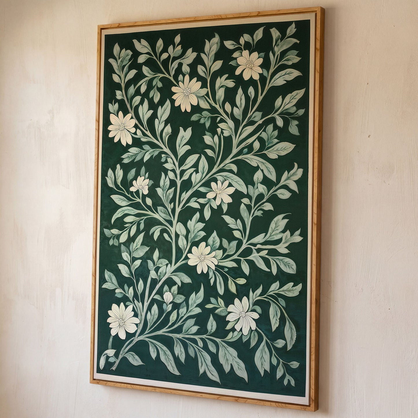 Dark Green Botanical Canvas with White Flowers shown in white oak floating frame