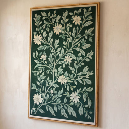 Dark Green Botanical Canvas with White Flowers shown in white oak floating frame