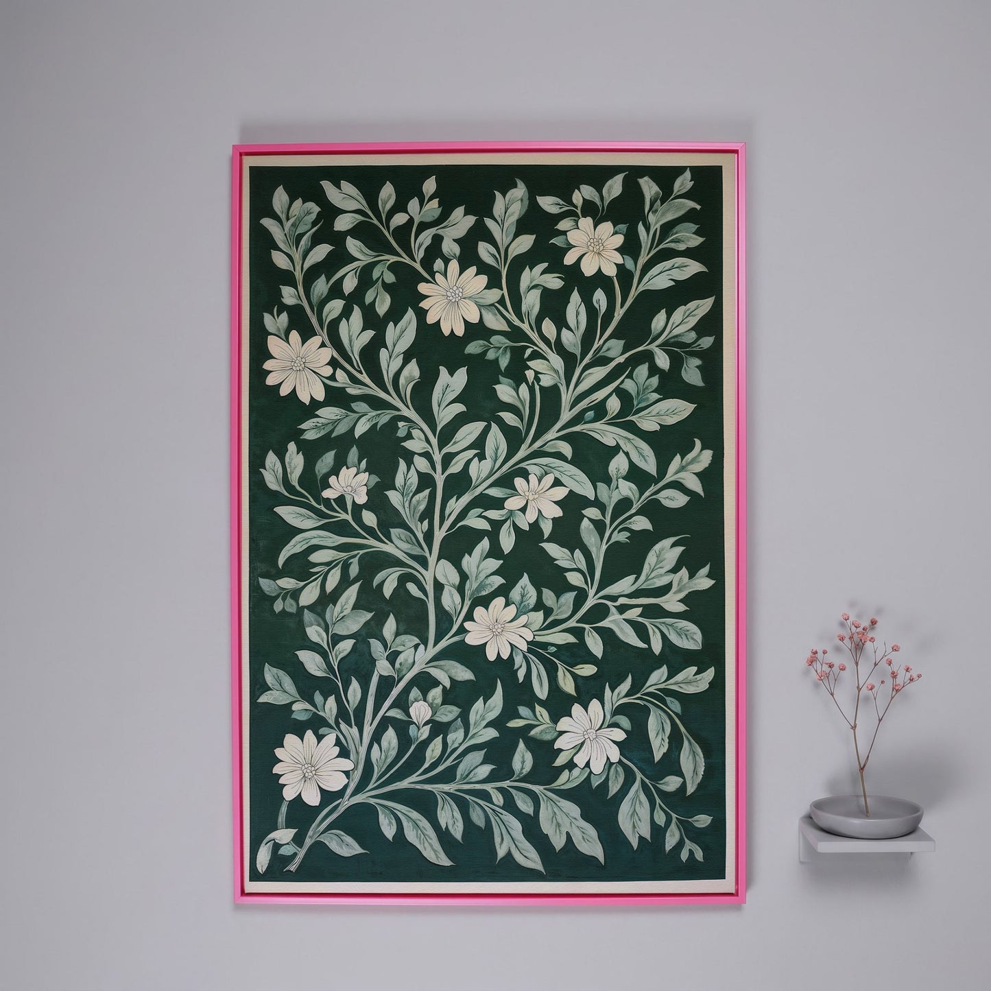 Dark Green Botanical Canvas with White Flowers in pink floating frame