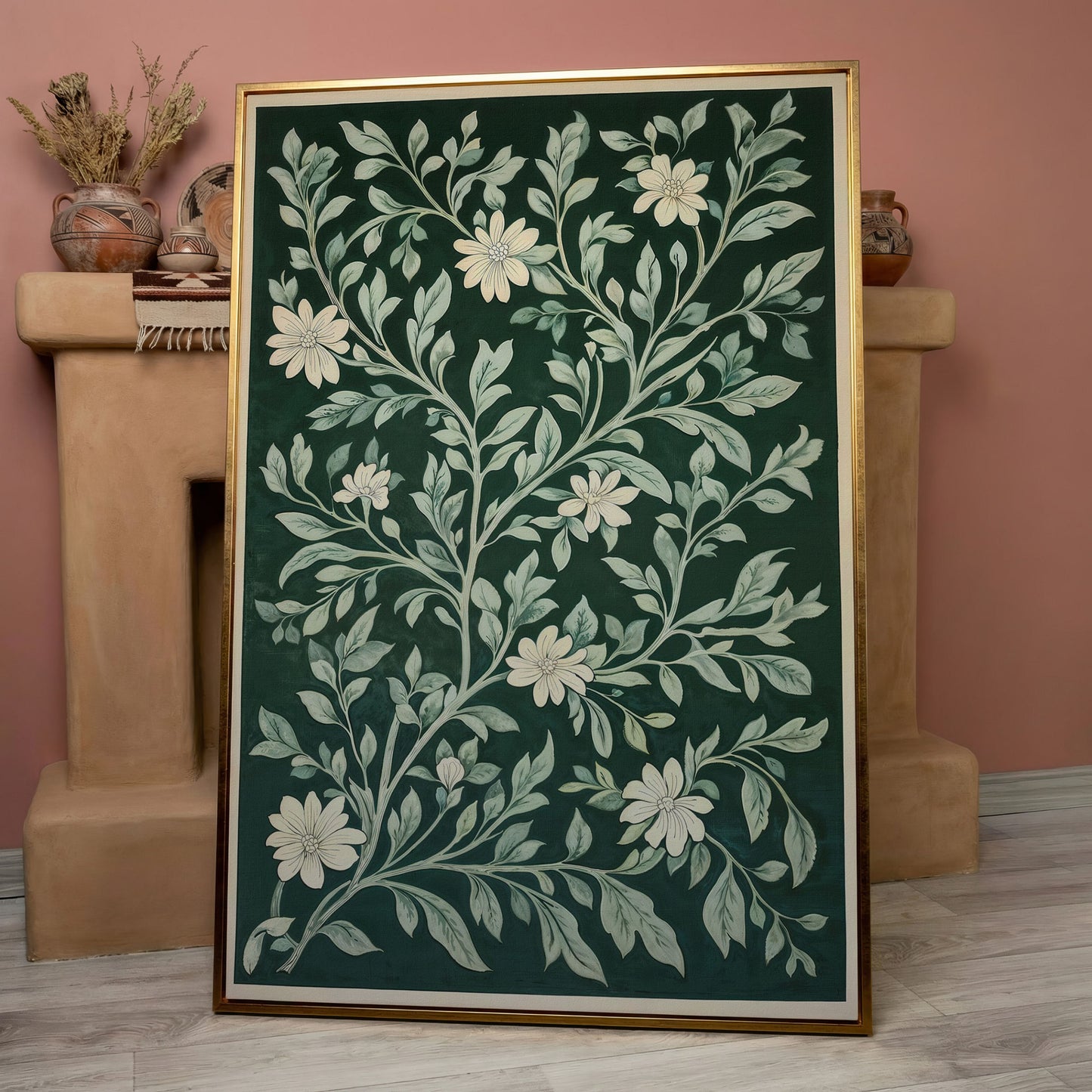 Dark Green Botanical Canvas with White Flowers in rose gold floating frame