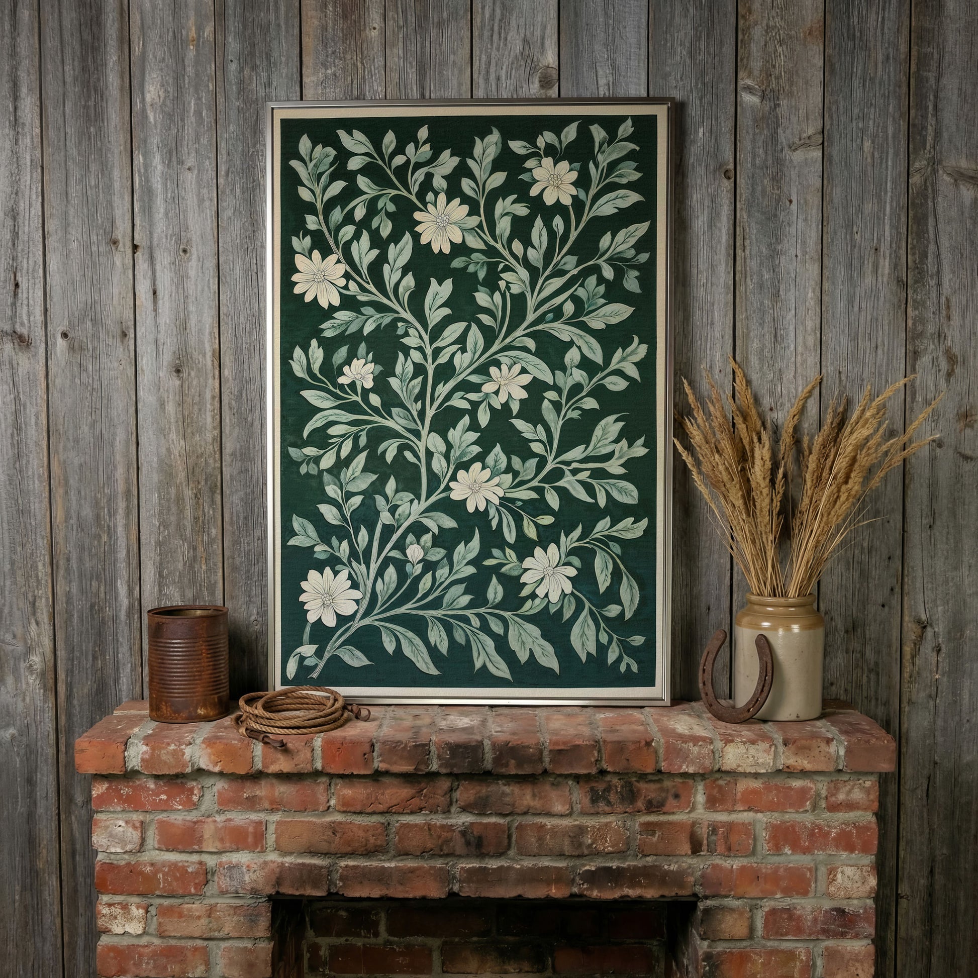 Dark Green Botanical Canvas with White Flowers in silver floating frame