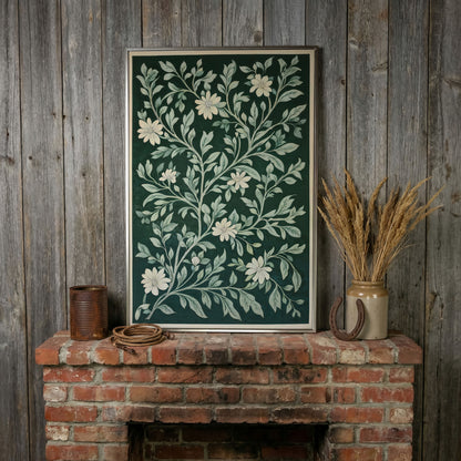 Dark Green Botanical Canvas with White Flowers in silver floating frame