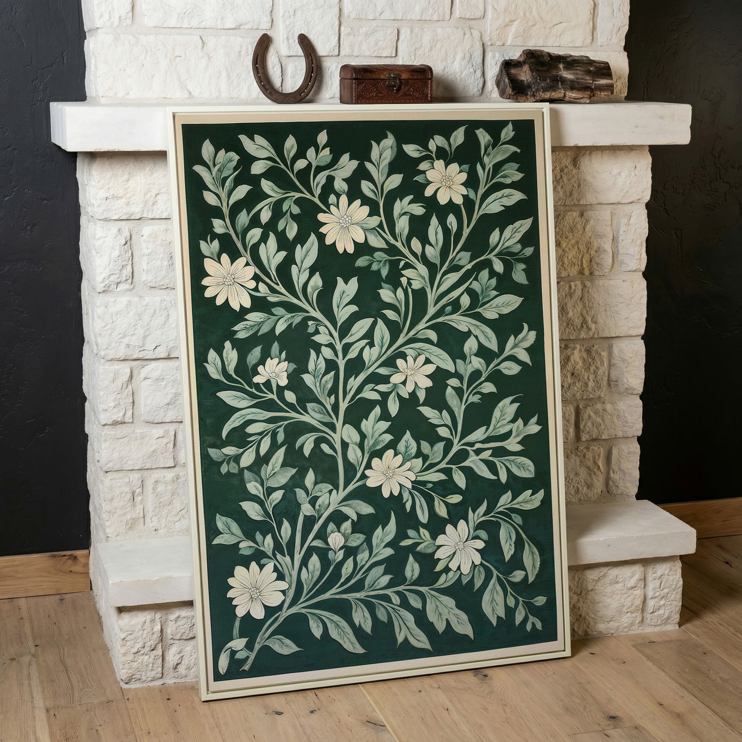 Dark Green Botanical Canvas with White Flowers in white floating frame