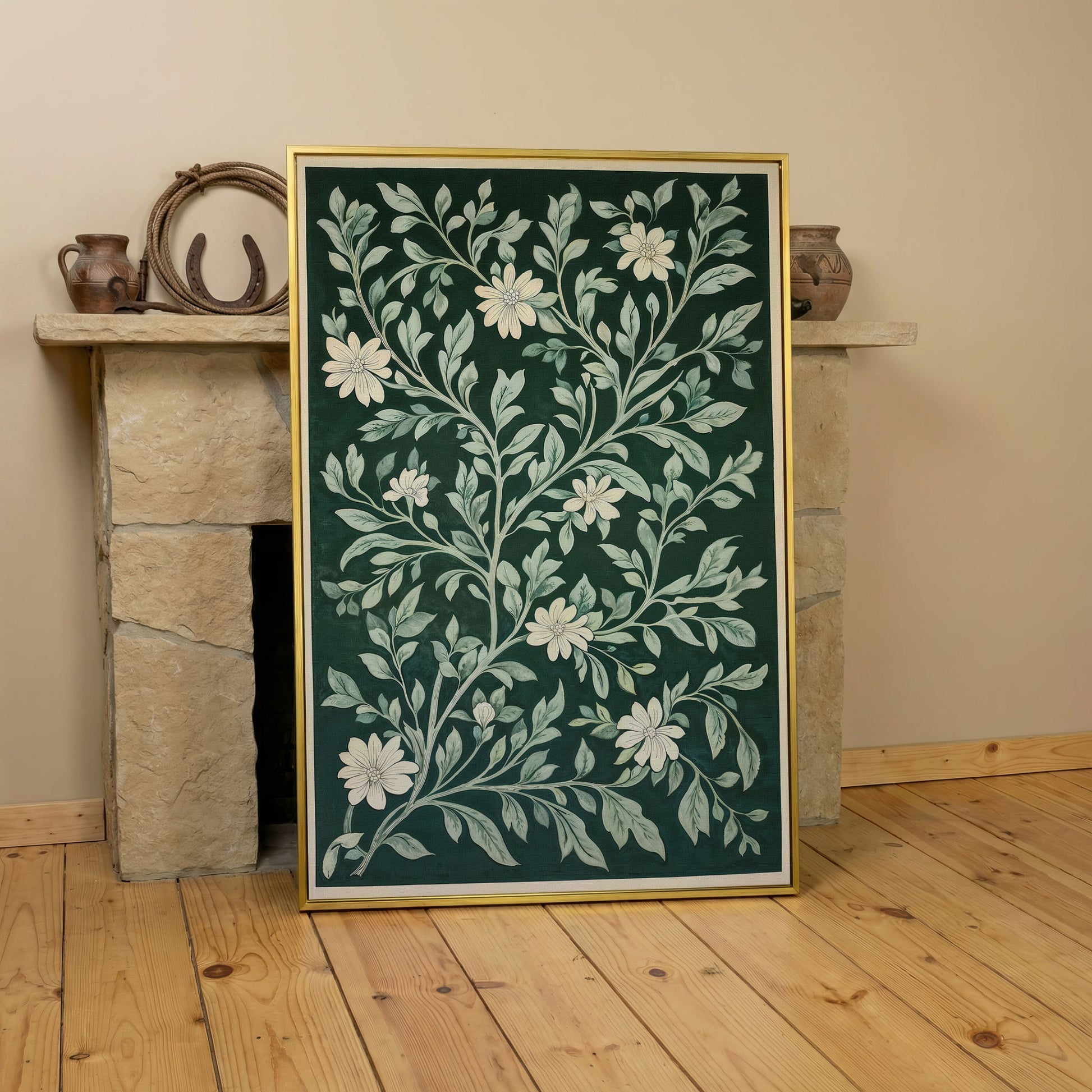 Dark Green Botanical Canvas with White Flowers in yellow gold floating frame