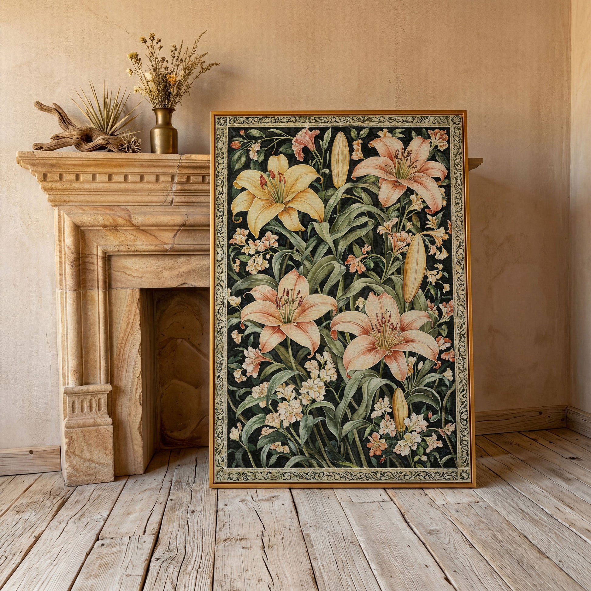 Peach Lily Botanical Canvas with Olive Foliage in antique gold floating frame