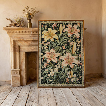 Peach Lily Botanical Canvas with Olive Foliage in antique gold floating frame