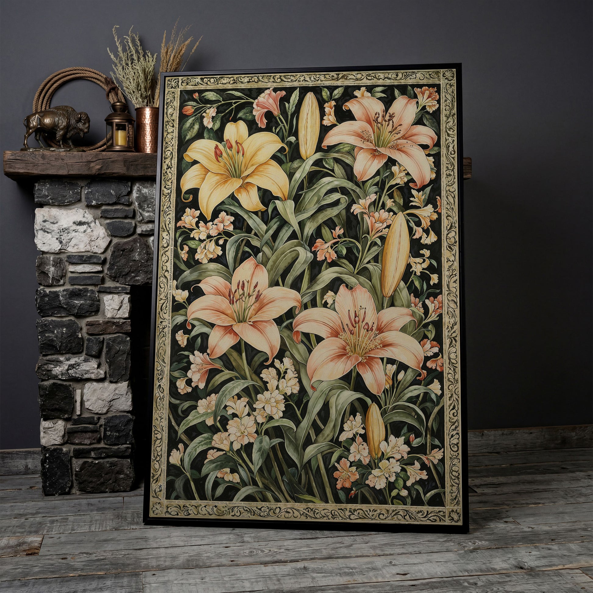 Peach Lily Botanical Canvas with Olive Foliage in black floating frame