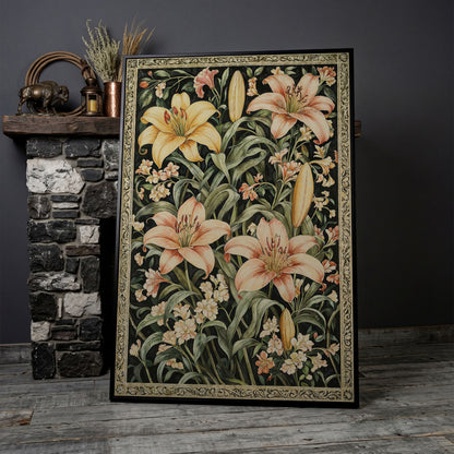 Peach Lily Botanical Canvas with Olive Foliage in black floating frame