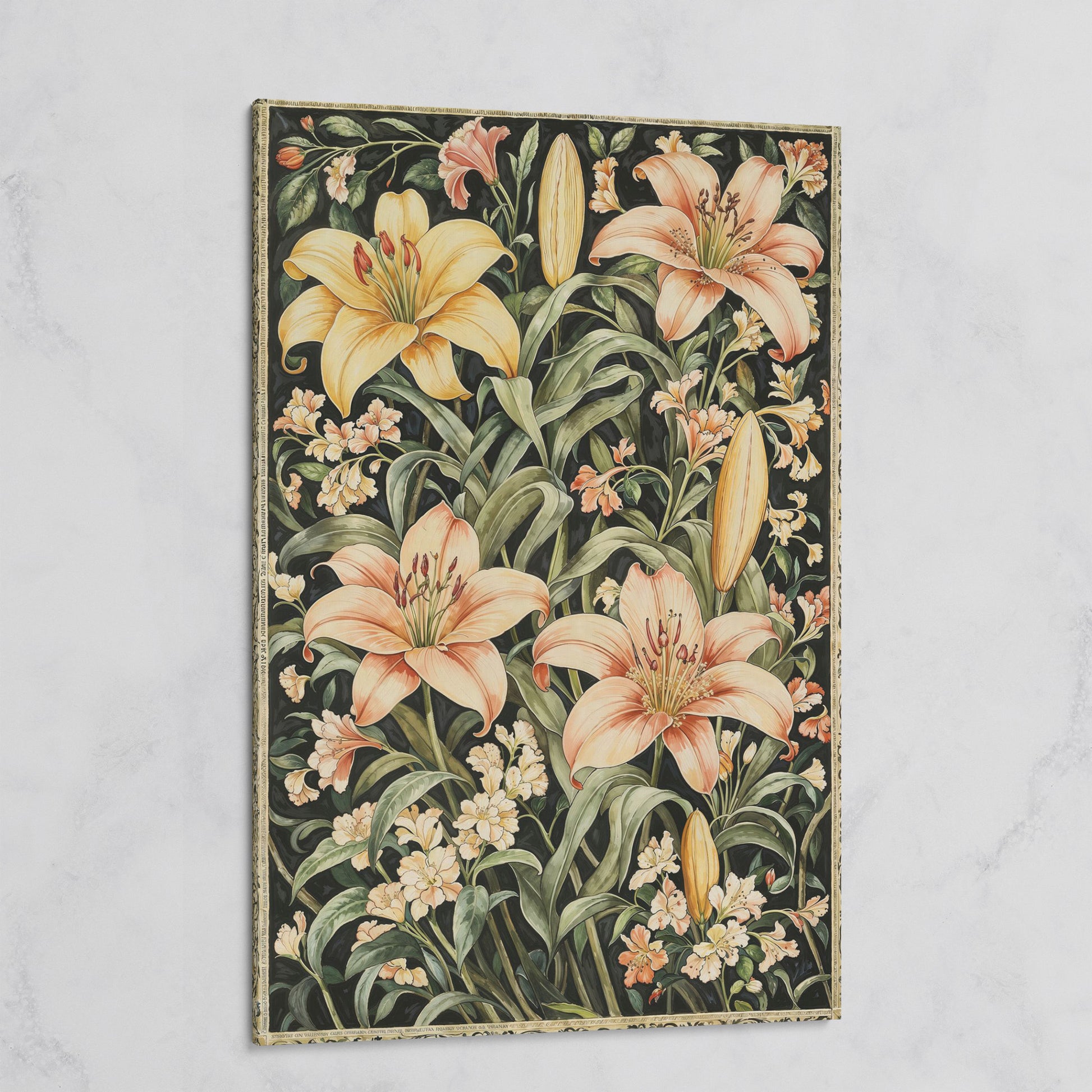 Peach Lily Botanical Canvas with Olive Foliage on gallery wrap