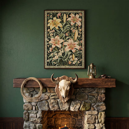 Peach Lily Botanical Canvas with Olive Foliage in dark walnut floating frame
