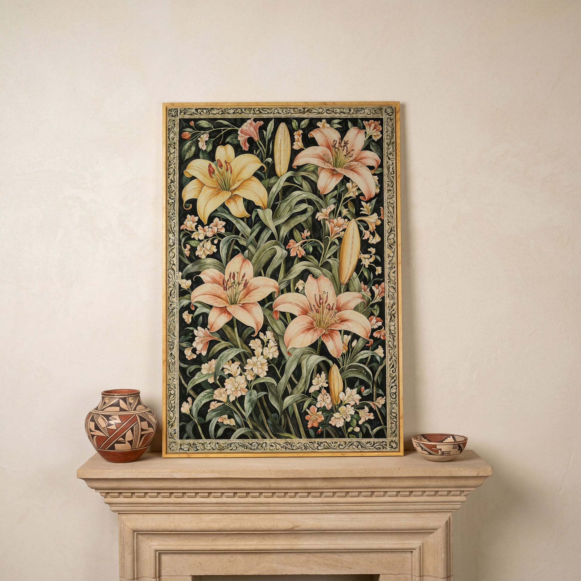 Peach Lily Botanical Canvas with Olive Foliage in white oak floating frame