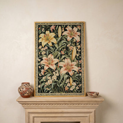 Peach Lily Botanical Canvas with Olive Foliage in white oak floating frame