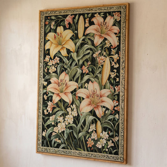 Peach Lily Botanical Canvas with Olive Foliage shown in white oak floating frame