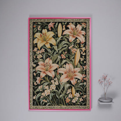 Peach Lily Botanical Canvas with Olive Foliage in pink floating frame