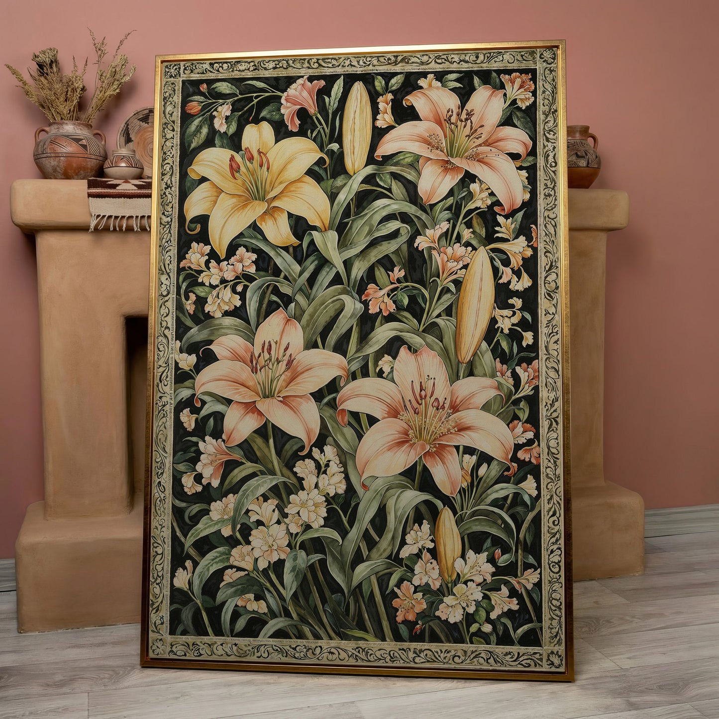 Peach Lily Botanical Canvas with Olive Foliage in rose gold floating frame