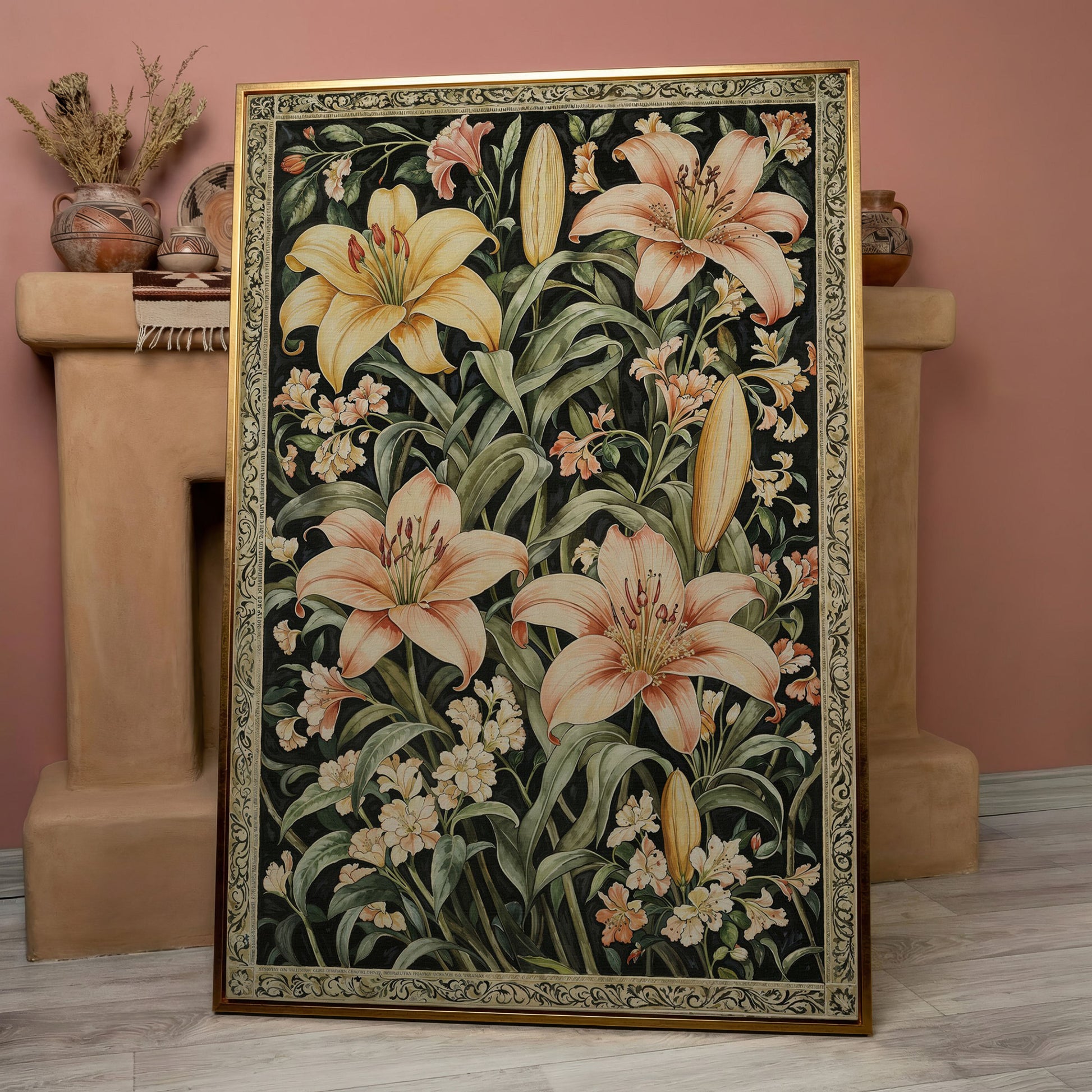 Peach Lily Botanical Canvas with Olive Foliage in rose gold floating frame