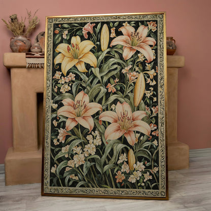 Peach Lily Botanical Canvas with Olive Foliage in rose gold floating frame